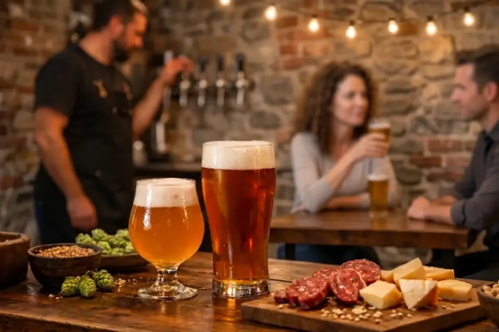 Due bicchieri di birra artigianale su un tavolo di legno con luppolo fresco, salumi e formaggi, in un pub rustico con persone al bancone sullo sfondo.