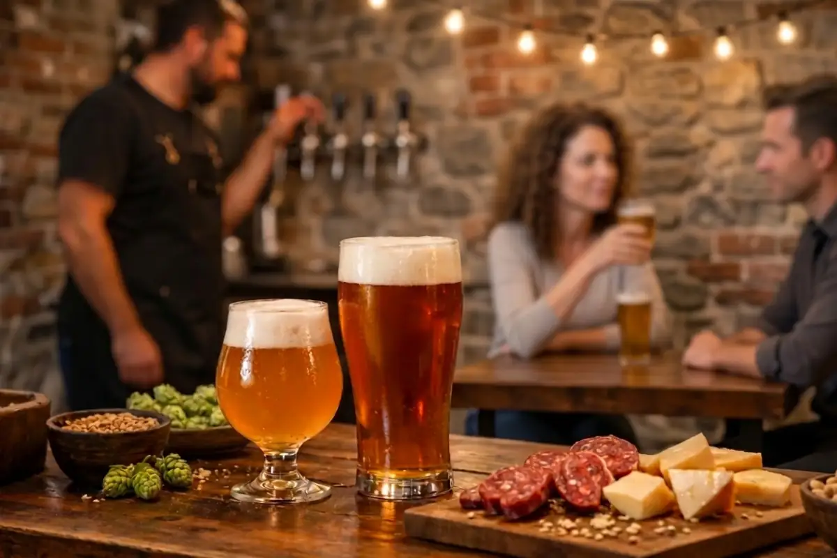 Due bicchieri di birra artigianale su un tavolo di legno con luppolo fresco, salumi e formaggi, in un pub rustico con persone al bancone sullo sfondo.