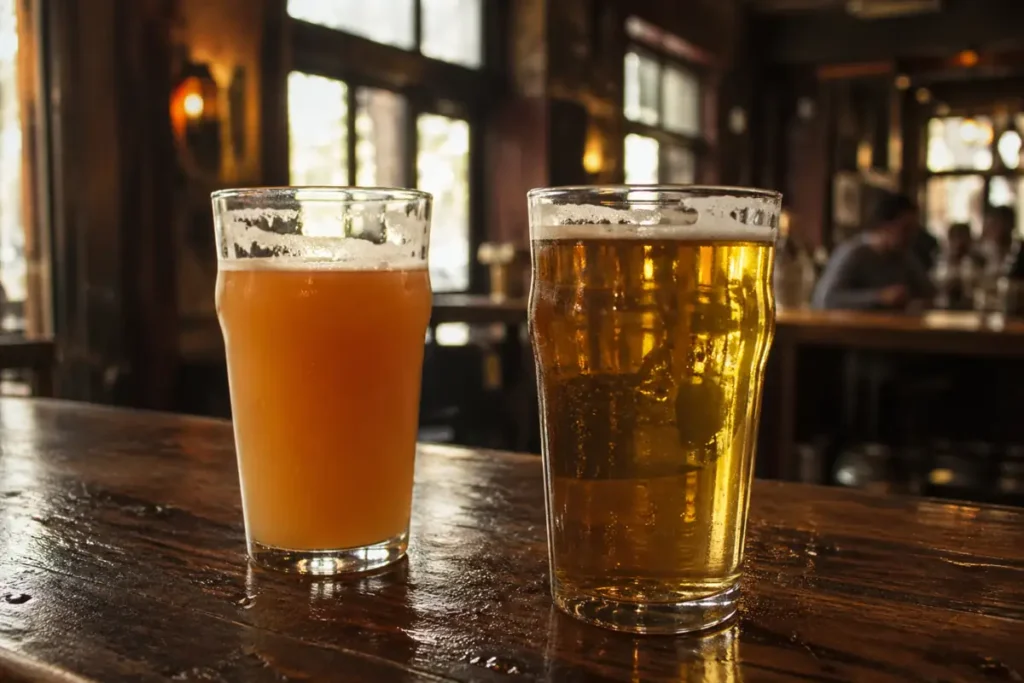 Two pints on a rustic wooden counter: one hazy craft beer, one clear golden lager.