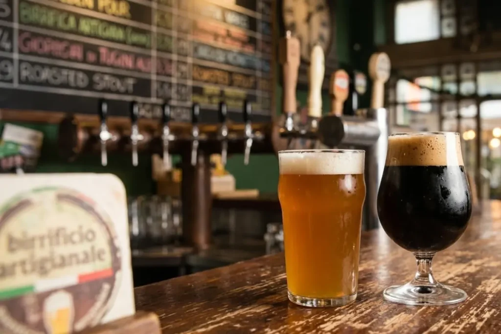 Due birre artigianali, una chiara e una scura, su un bancone in legno vissuto di una birreria italiana. Sullo sfondo, un menù in ardesia e spine delle birre con un caldo effetto bokeh naturale.