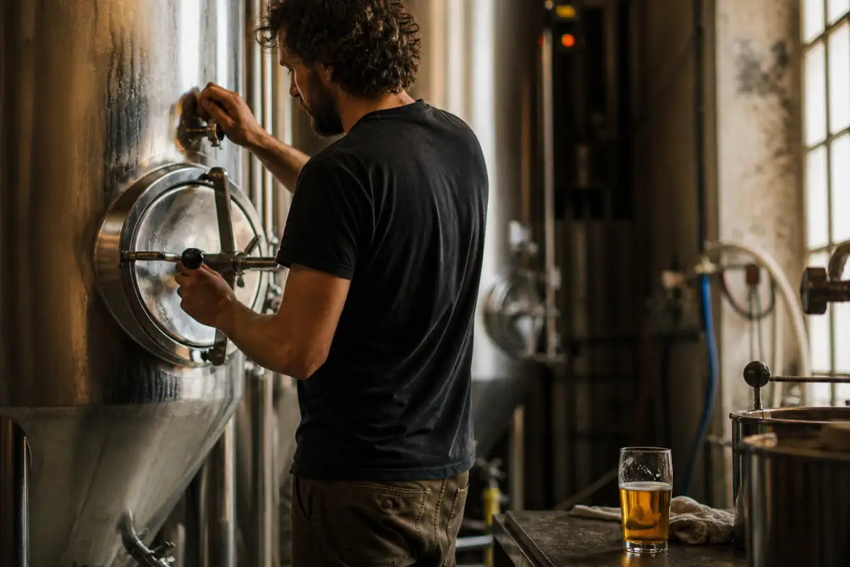 Un birraio artigianale controlla una vasca di fermentazione in un piccolo birrificio italiano, visto di spalle, concentrato sul suo lavoro.