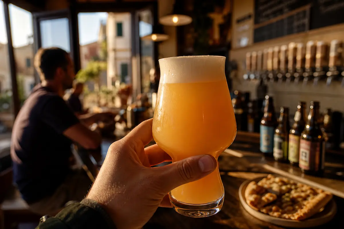 Bicchiere di birra artigianale hazy tenuto in mano al bancone di un pub, con spine e bottiglie sullo sfondo