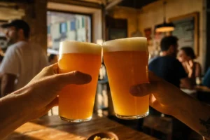 Due bicchieri di birra artigianale in brindisi in un locale di Udine, con la mappa della città disegnata sulla lavagna sullo sfondo