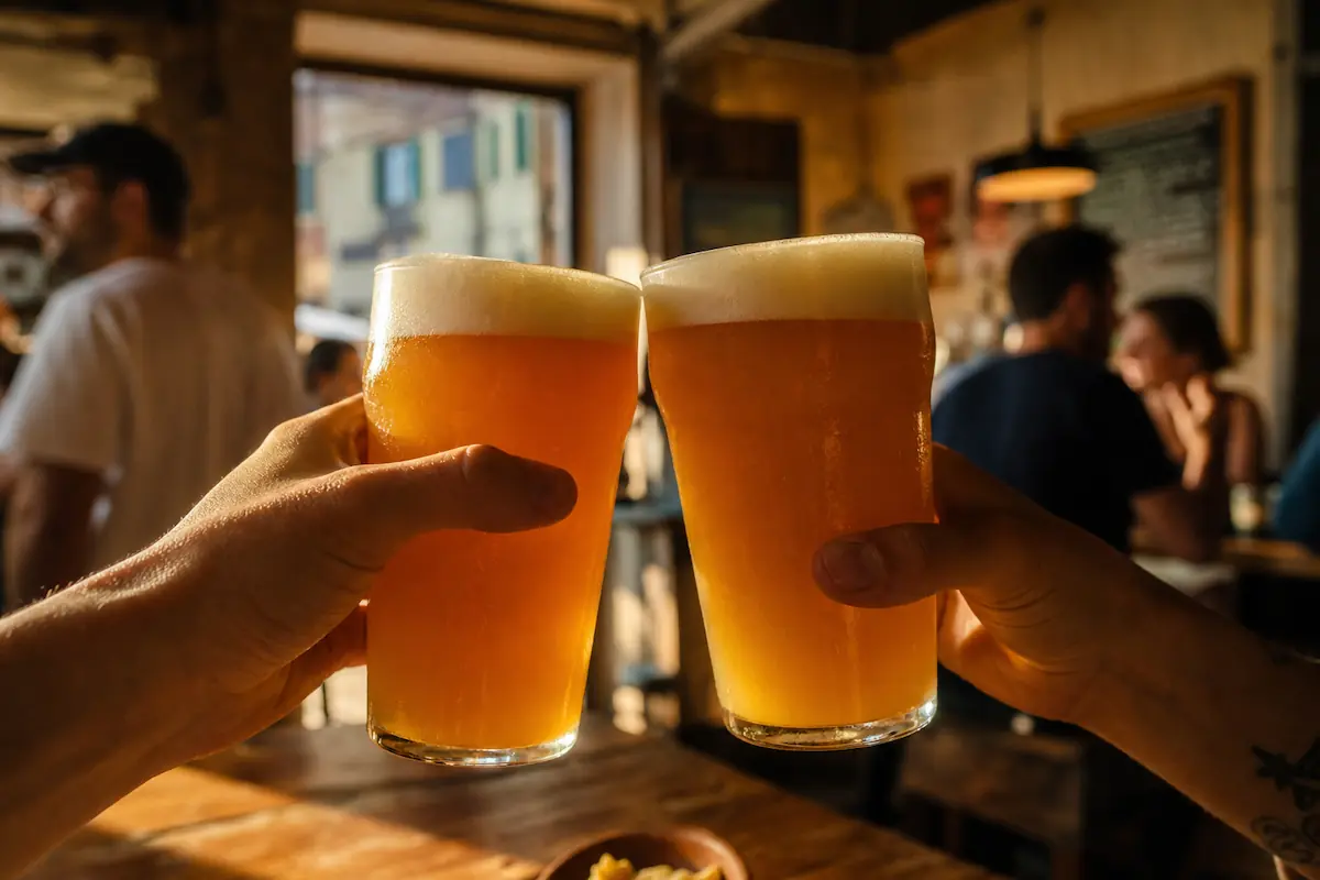 Due bicchieri di birra artigianale in brindisi in un locale di Udine, con la mappa della città disegnata sulla lavagna sullo sfondo