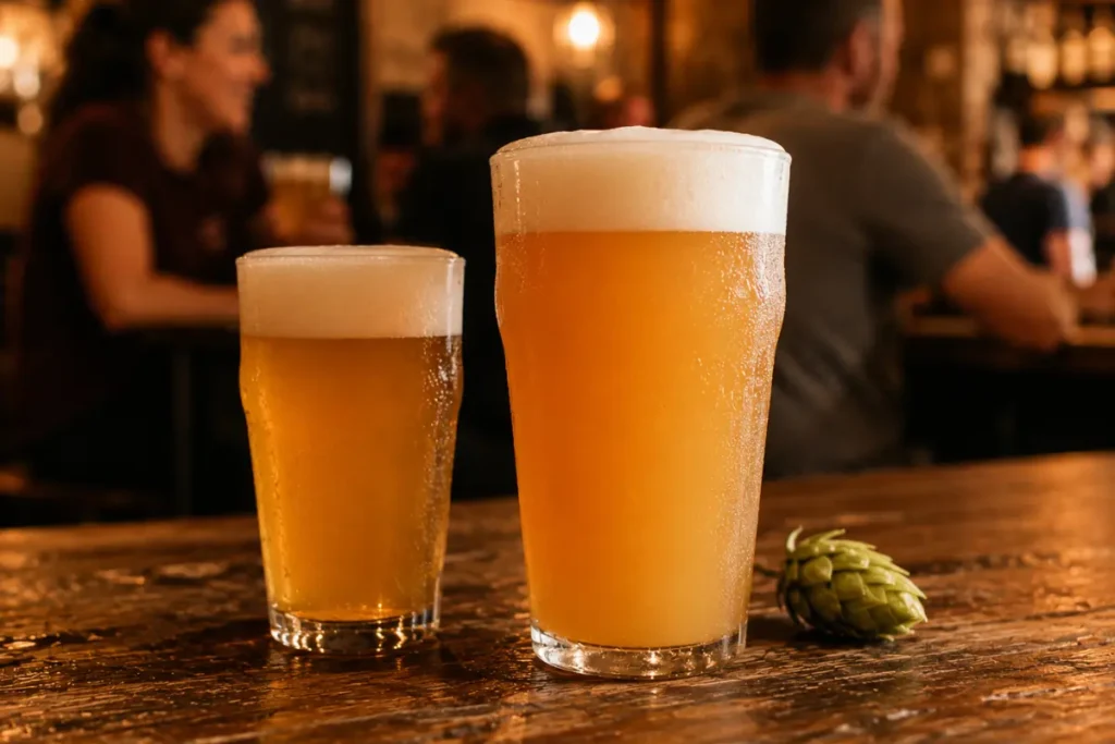 Due pinte di IPA artigianale dorata e leggermente velata su un bancone di legno consumato, con gocce di condensa sul bicchiere