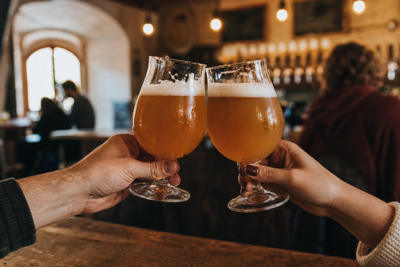 Due persone brindano con bicchieri di birra artigianale chiara e velata in una taproom calda e accogliente, una scena tipica dei birrifici artigianali del Veneto