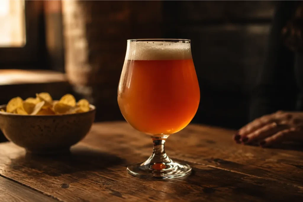 Bicchiere tulipano di birra APA artigianale sul bancone di un locale, con una ciotola di patatine