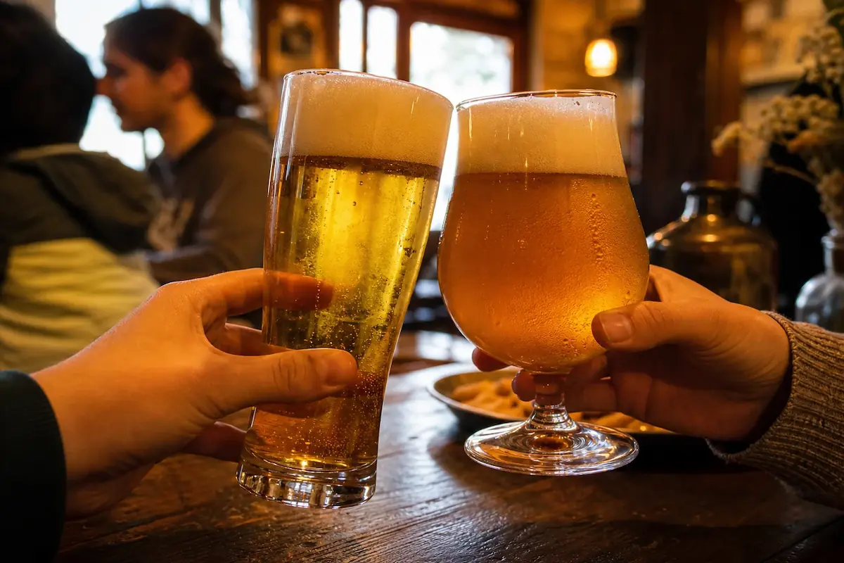 Brindisi con due bicchieri di birra artigianale al bancone di una birreria, uno più chiaro e uno più ambrato, per un articolo sulla differenza tra lager e pilsner.