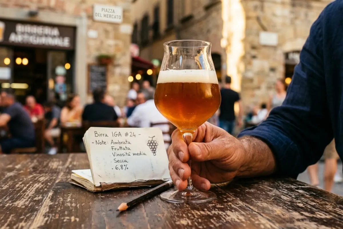 Bicchiere di birra IGA tenuto in mano in una piazza italiana, con taccuino di degustazione sul tavolo