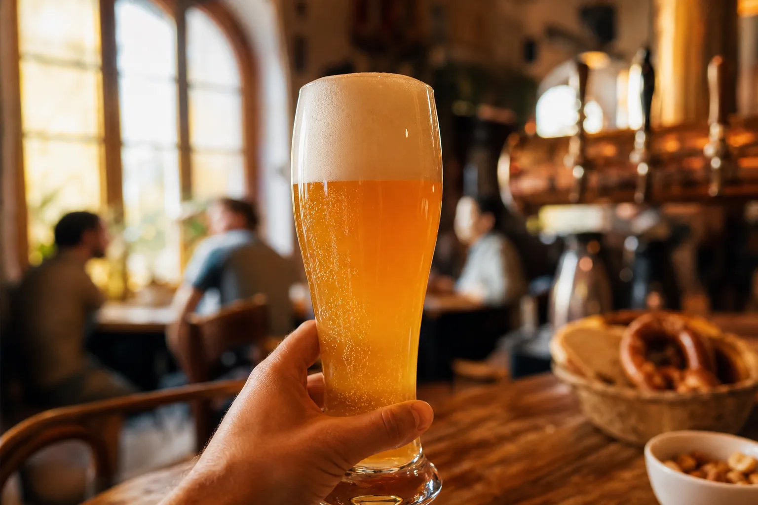 Primo piano di una mano che tiene un bicchiere alto di birra weizen con una ricca schiuma bianca, all'interno di un pub accogliente.
