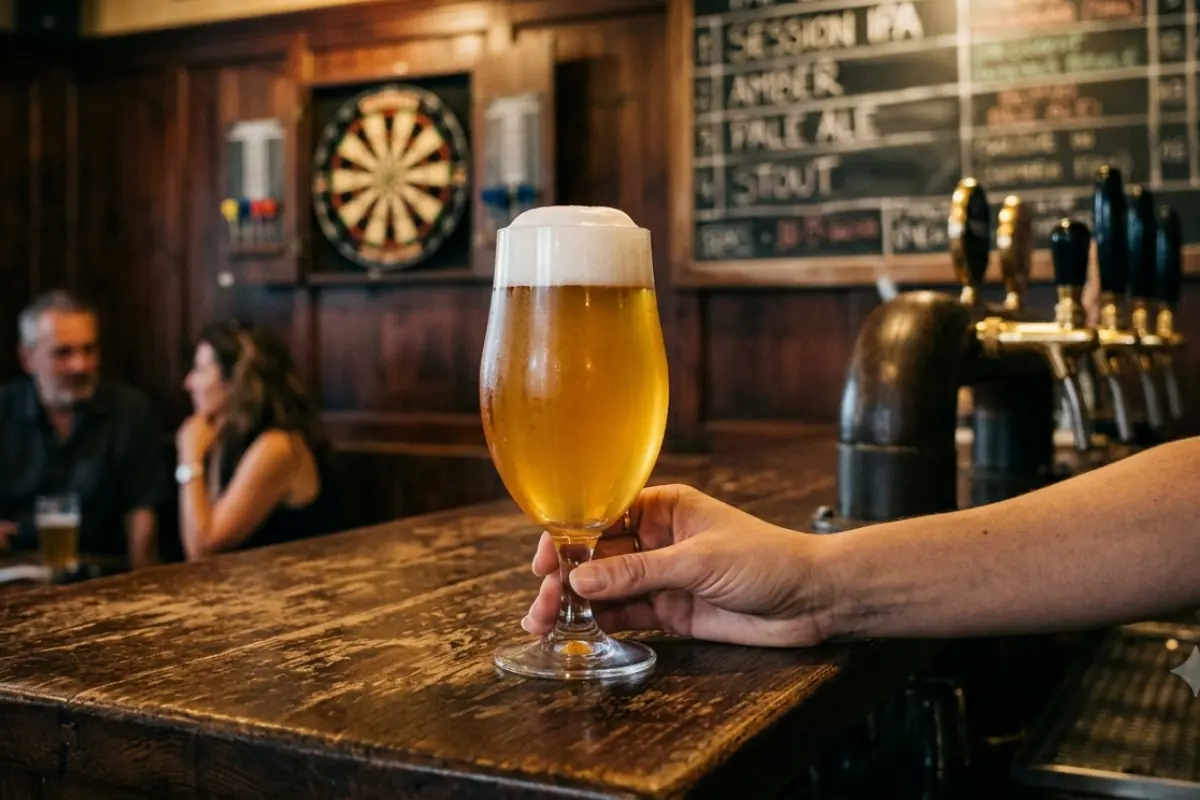Bicchiere di birra artigianale Session IPA servito al bancone di un birrificio artigianale a Gorizia