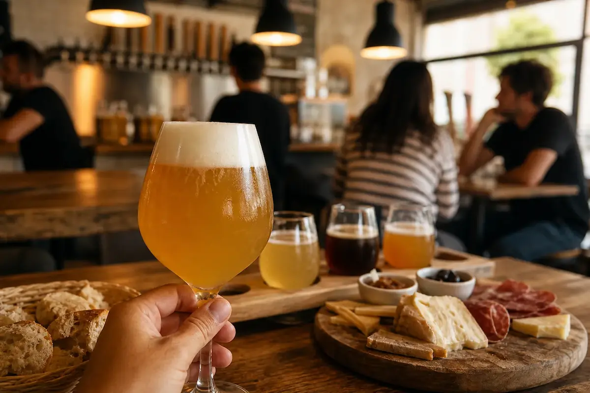 Bicchiere di birra artigianale tenuto in mano al tavolo di un pub, con altre bicchieri e qualche cicchetti