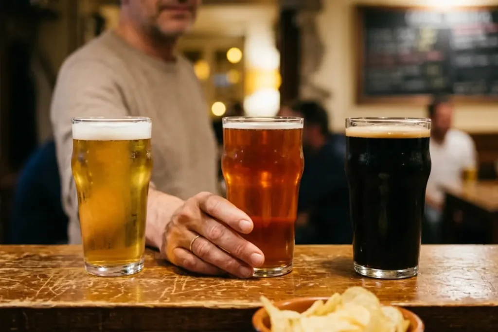 Tre bicchieri di birra su un bancone di legno consumato in una birreria, uno biondo, uno rosso ambrato e uno scuro, con una mano appoggiata accanto a quello ambrato