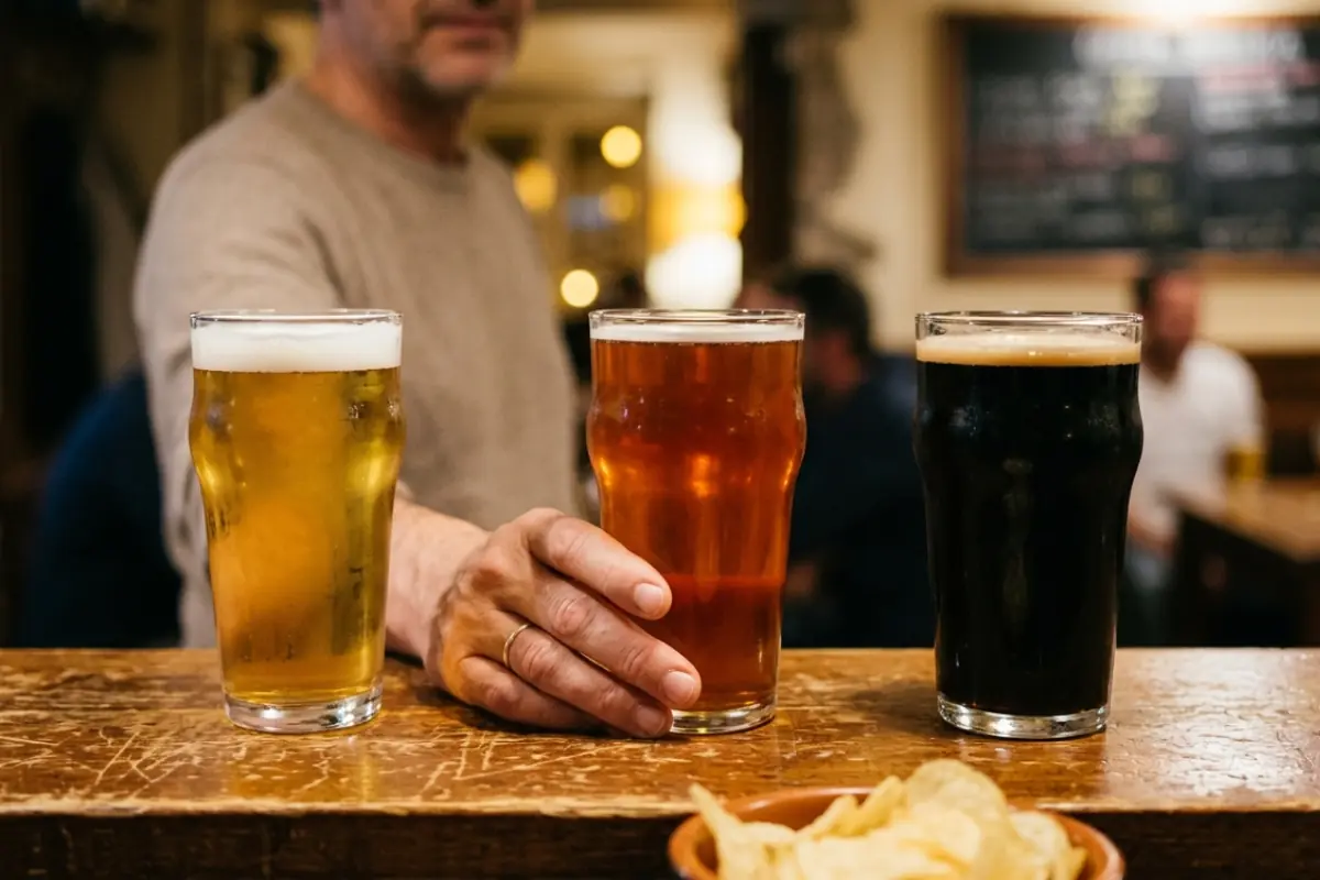 Tre bicchieri di birra su un bancone di legno consumato in una birreria, uno biondo, uno rosso ambrato e uno scuro, con una mano appoggiata accanto a quello ambrato