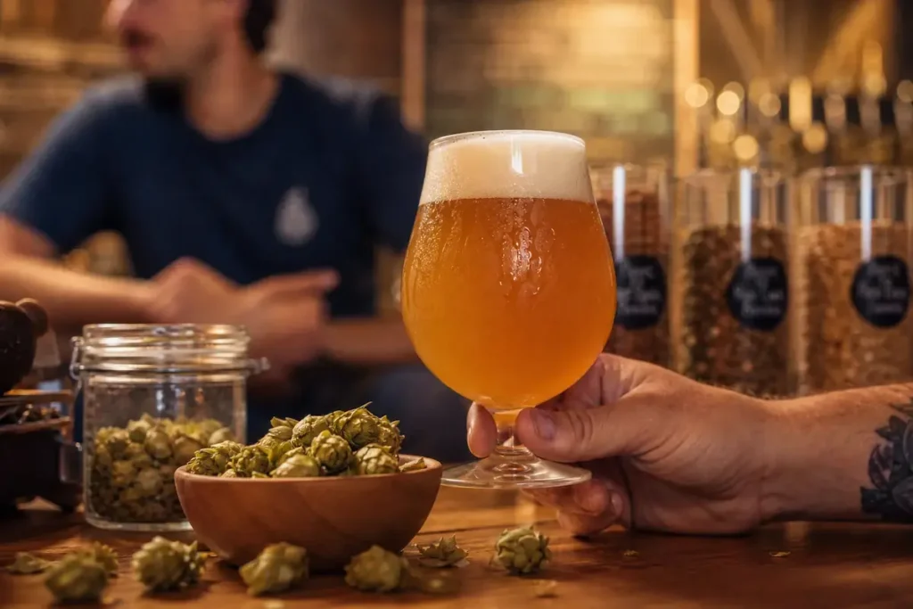 A tattooed hand holding a glass of golden craft beer with foam, sitting on a wooden bar next to a bowl filled with fresh green hop cones.