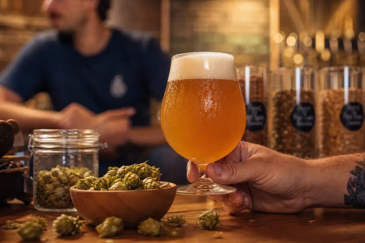 Una mano tatuata sorregge un bicchiere di birra artigianale dorata con schiuma, appoggiato su un bancone di legno accanto a una ciotola piena di coni di luppolo freschi.