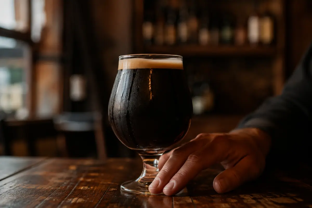 Bicchiere di birra artigianale scura su un tavolo di legno in una birreria, alla giusta temperatura di servizio